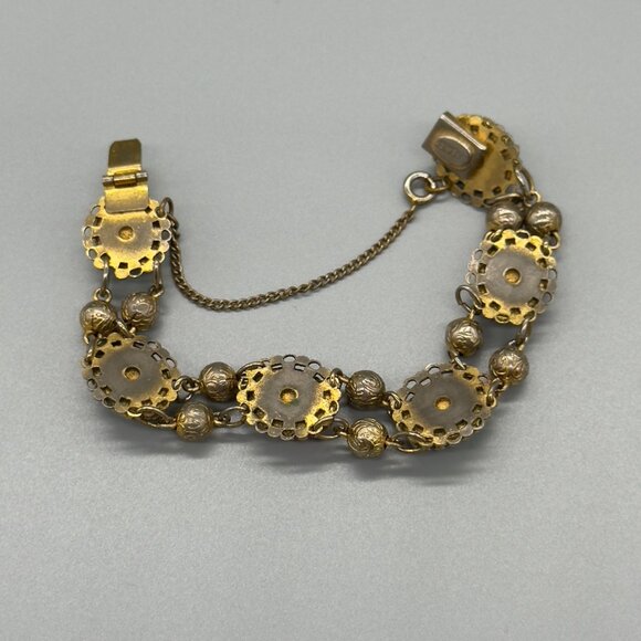 Vintage FREIRICH Gold Tone Filigree Scarab Bracelet Glass Stones w/ Safety Chain - Picture 6 of 16